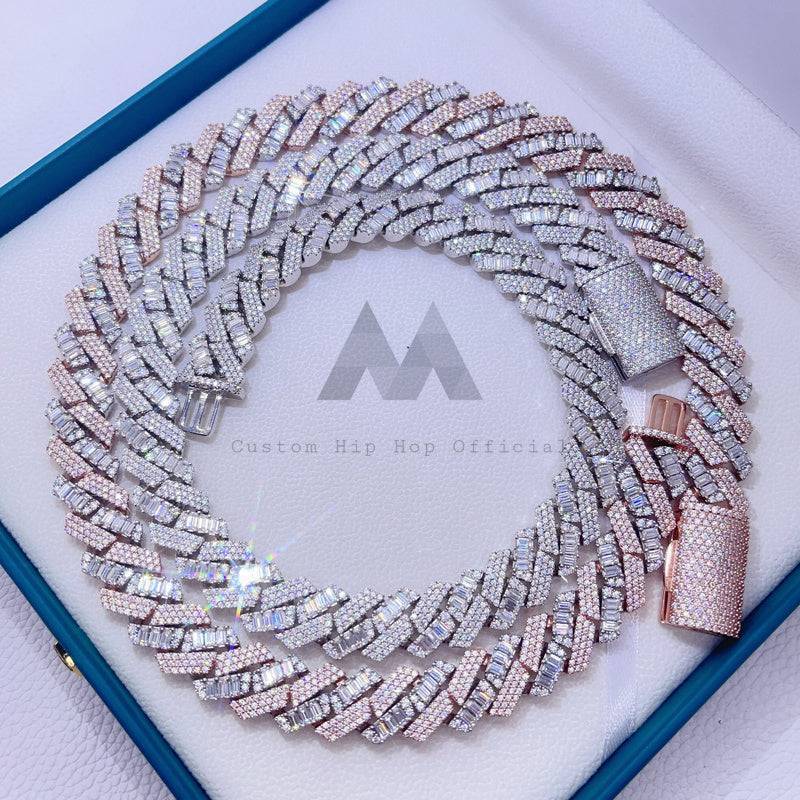 15MM Baguette Cut Mix Round Cut Moissanite Solid Cuban Chain Necklace0