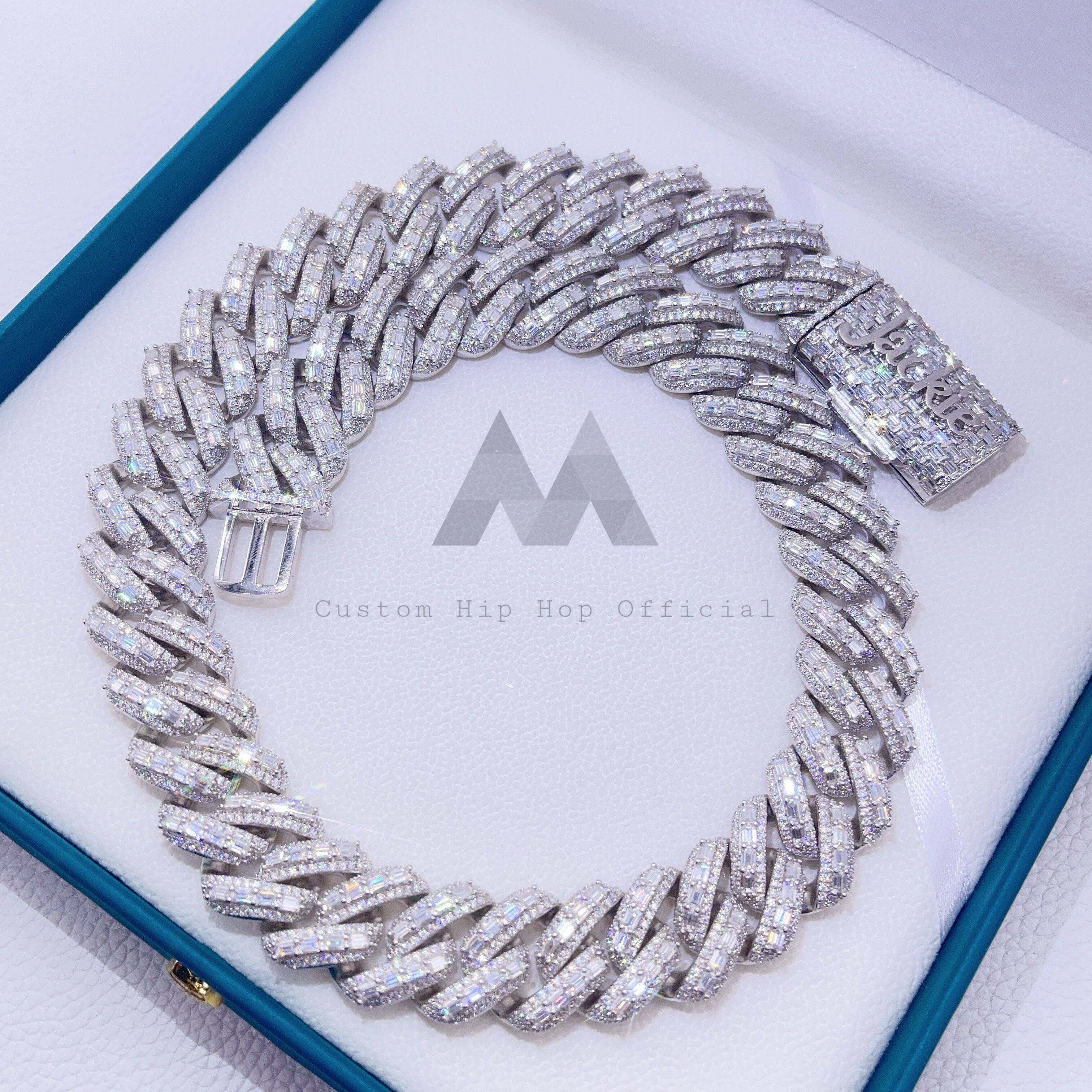 Hip hop jewelry featuring Thick 20MM Sterling Silver White Gold Color VVS Moissanite Baguette Cuban Chain0