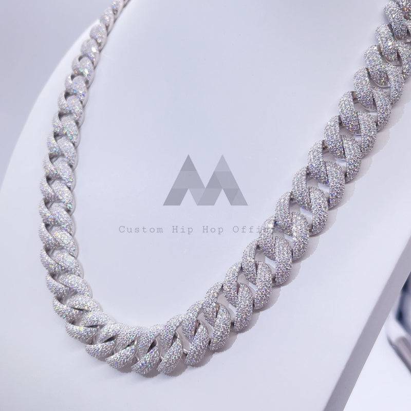 18MM Thick Heavy Solid Silver 3 Rows Cuban Chain with VVS Moissanite Diamond with Custom Name Clasp Lock