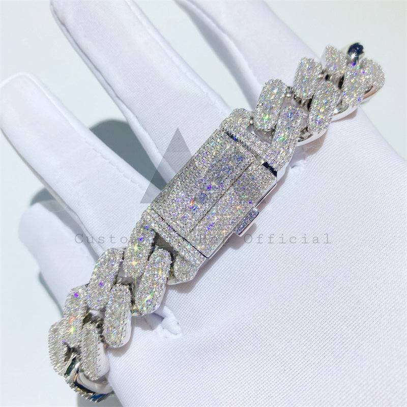 13MM Three Stone Design Solid Silver VVS Moissanite Cuban Link Bracelet