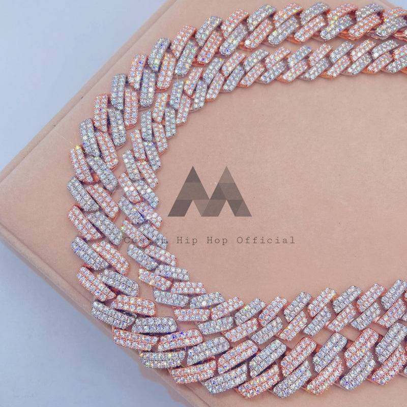 Custom Clasp 15MM 20MM Rose Gold 2 Tone 2 Rows Moissanite Cuban Chain Iced Out Hip Hop Jewelry0