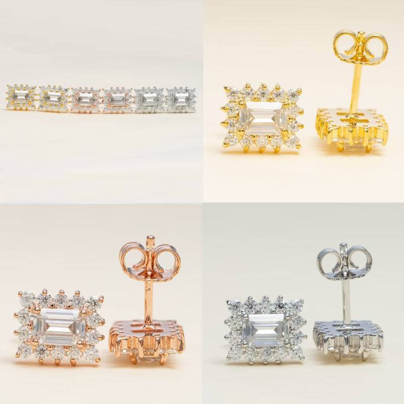 Stylish hip hop jewelry featuring Flower Emerald Cut VVS Moissanite Diamond Earrings with Push Back