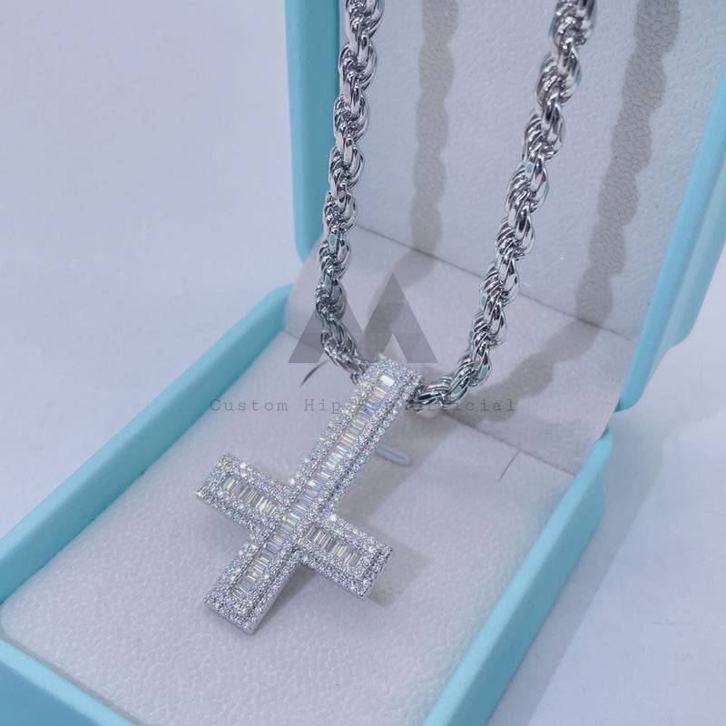 Hip hop jewelry featuring solid silver upside down baguette cut moissanite cross charm pendant3