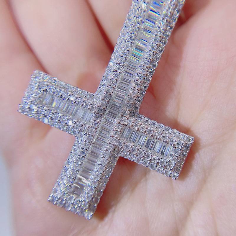 Hip hop jewelry featuring solid silver upside down baguette cut moissanite cross charm pendant1