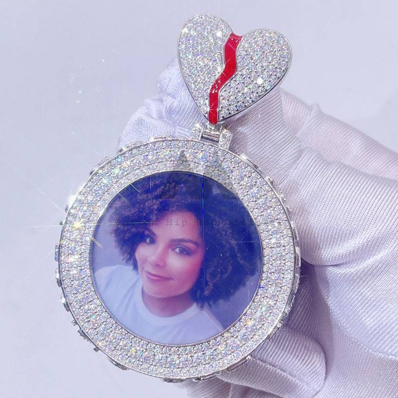 Custom Broken Heart Bail 2 inch Width Solid Silver Thick Iced Out Photo Picture Pendant hip hop jewelry2