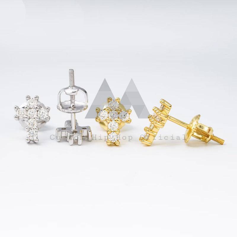 Hip hop jewelry featuring screw back cross stud earrings with VVS moissanite diamonds