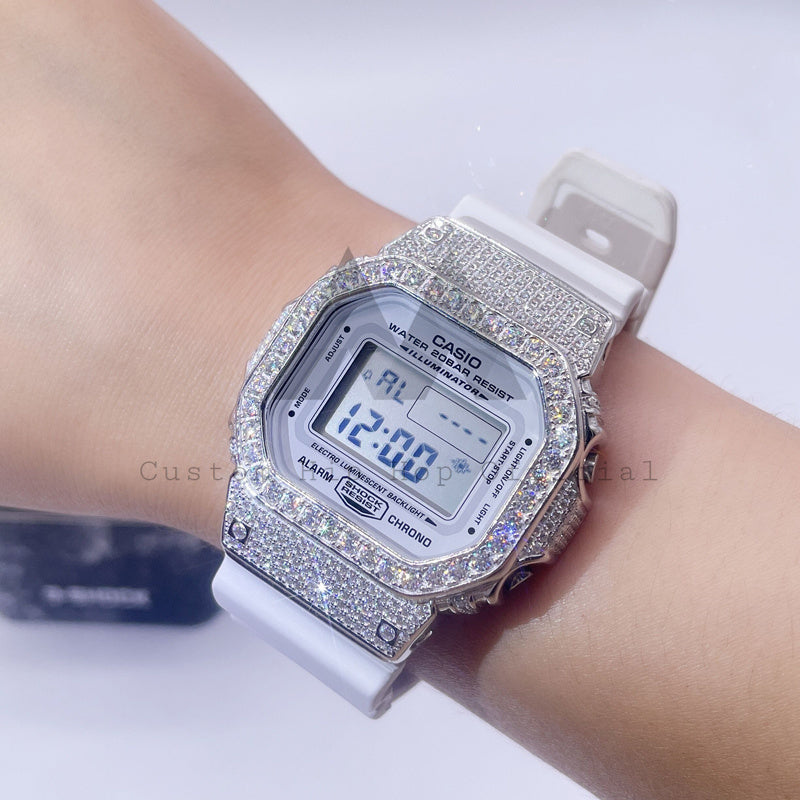Iced Out Sterling Silver White Gold Casio DW5600 Moissanite Watch VVS Grade