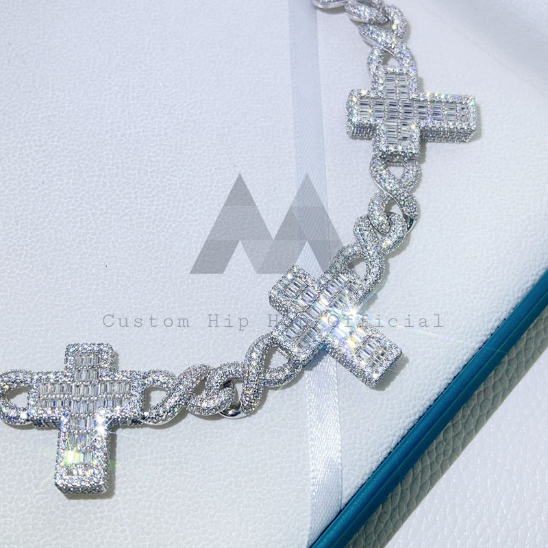 12MM Hip Hop Iced Out Solid Silver VVS Moissanite Cross Charm Infinity Link Chain