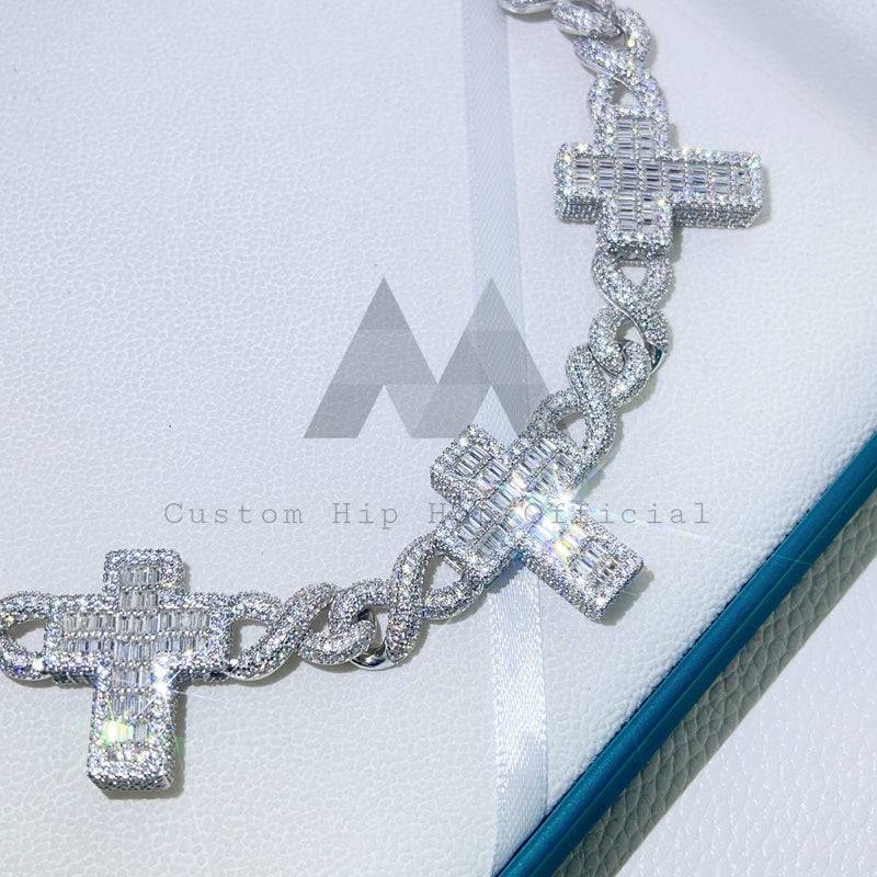 12MM Hip Hop Iced Out Prata Sólida VVS Moissanite Cross Charm Infinity Link Chain