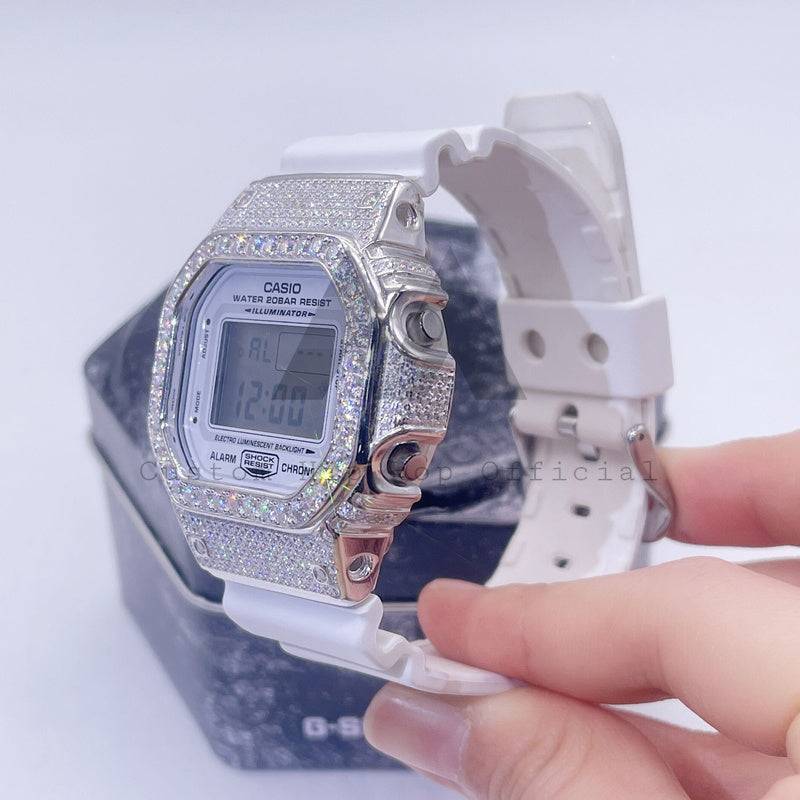 Iced Out Sterling Silver White Gold Casio DW5600 Moissanite Watch VVS Grade