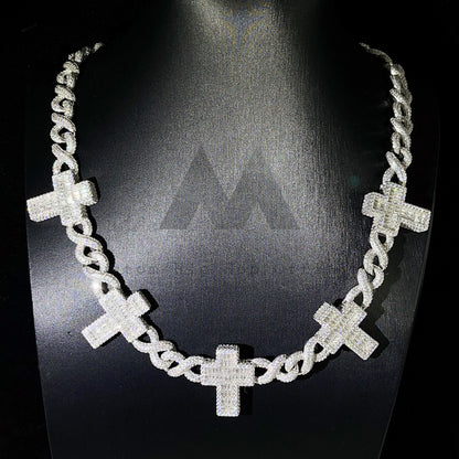 12MM Hip Hop Iced Out Prata Sólida VVS Moissanite Cross Charm Infinity Link Chain