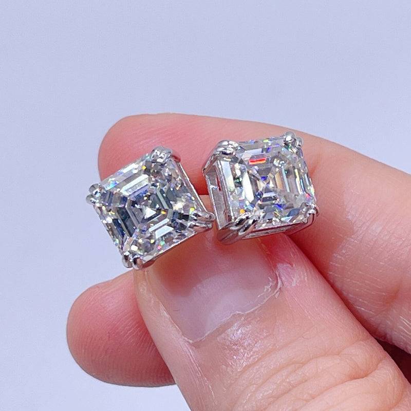 GRA Certificated Asscher Cut Moissanite Stud Earrings With Screw Back 925 Silver