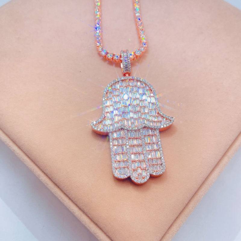 Rose Gold Sterling Silver 925 Baguette Cut VVS Moissanite Hamsa Pendant with 4MM 20 inch Tennis Chain hip hop jewelry2