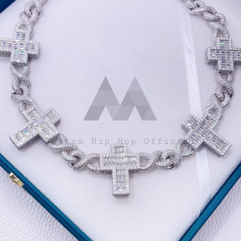 12MM Hip Hop Iced Out Solid Silver VVS Moissanite Cross Charm Infinity Link Chain