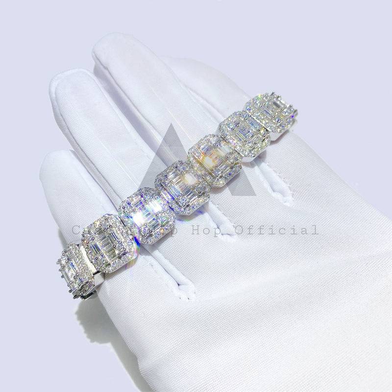 Hip hop jewelry featuring White Gold Over Sterling Silver 13MM Cluster Tennis Baguette VVS Moissanite Bracelet2