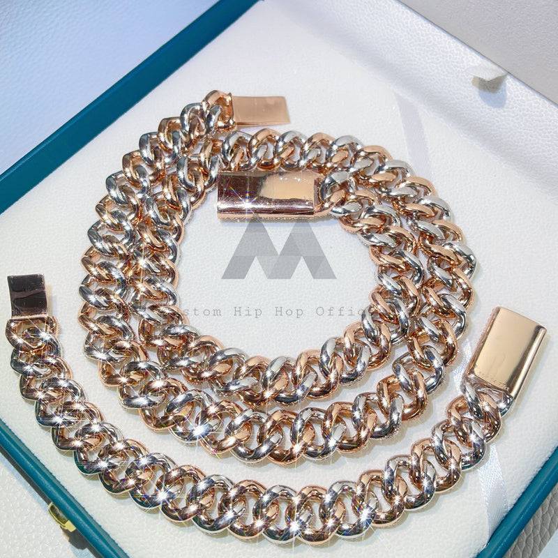 16MM Custom Name Lock Rose Gold Mix White Gold Thick Miami Cuban Chain Set