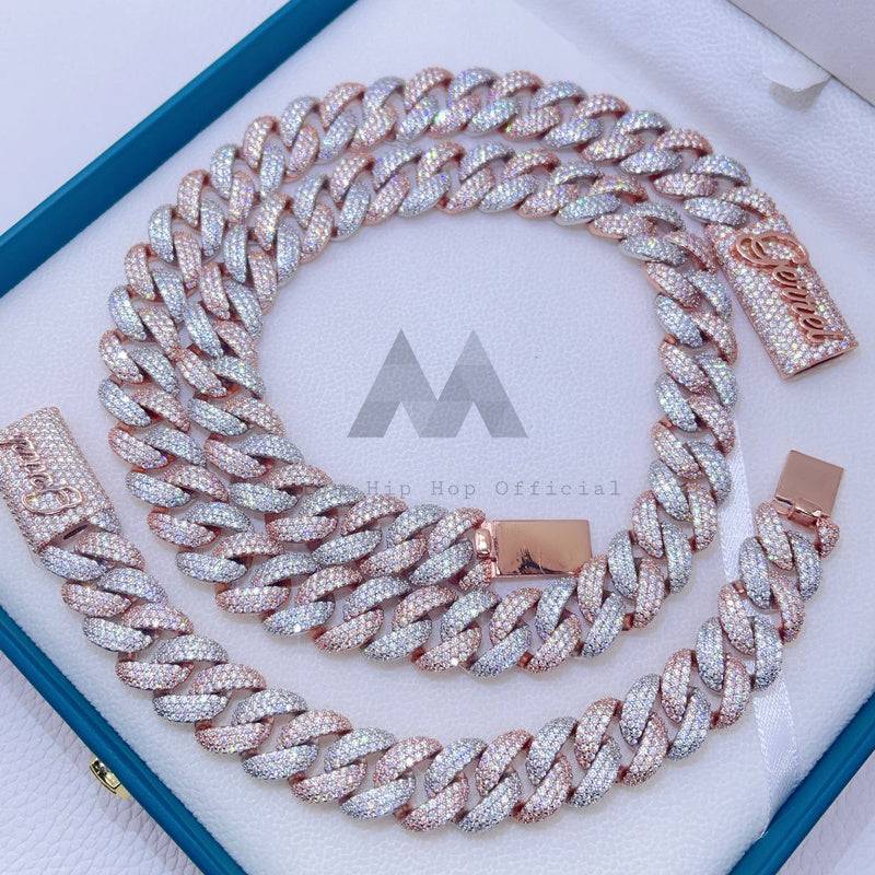 Conjunto de corrente cubana miami grossa com nome personalizado de 16 mm, mistura de ouro rosa e ouro branco