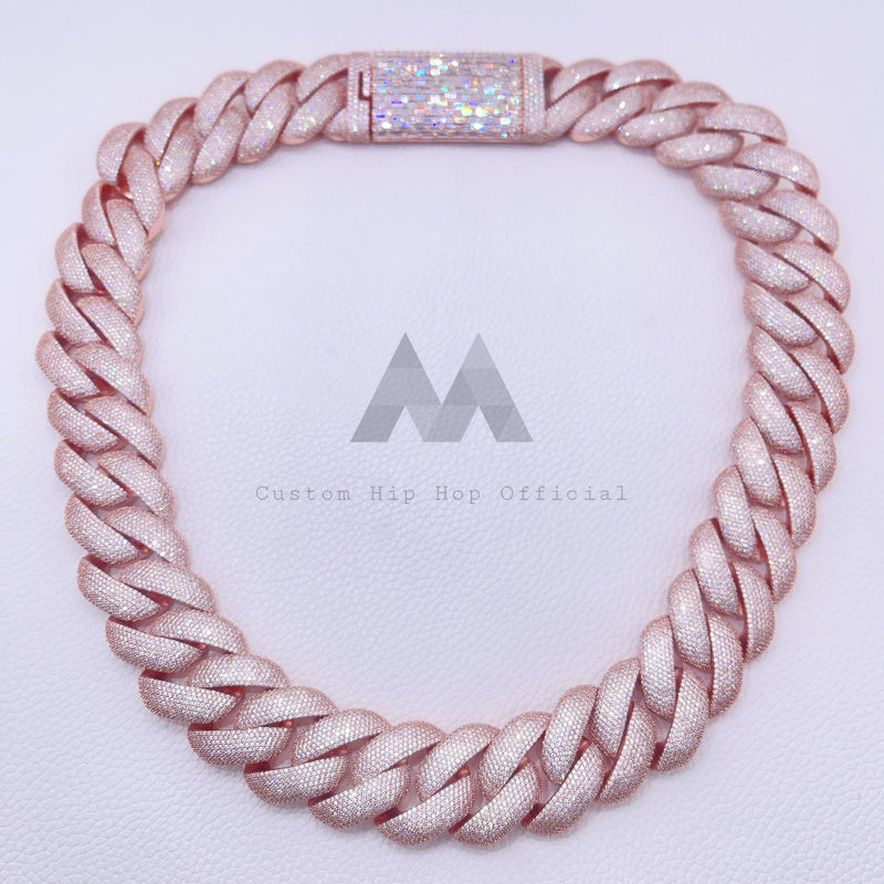 Hip hop jewelry featuring 28MM Miami Cuban Chain with Baguette Moissanite and Rose Gold Plating1