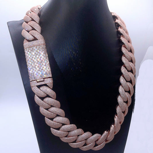 28MM thick heavy solid silver with rose gold plating and baguette moissanite clasp Miami Cuban chain3