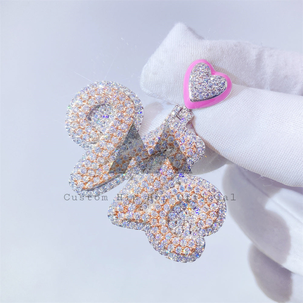 VVS Moissanite Diamonds Cute Pink Bail VIC Name Pendant Rose Gold 2 Tone Women Pendant