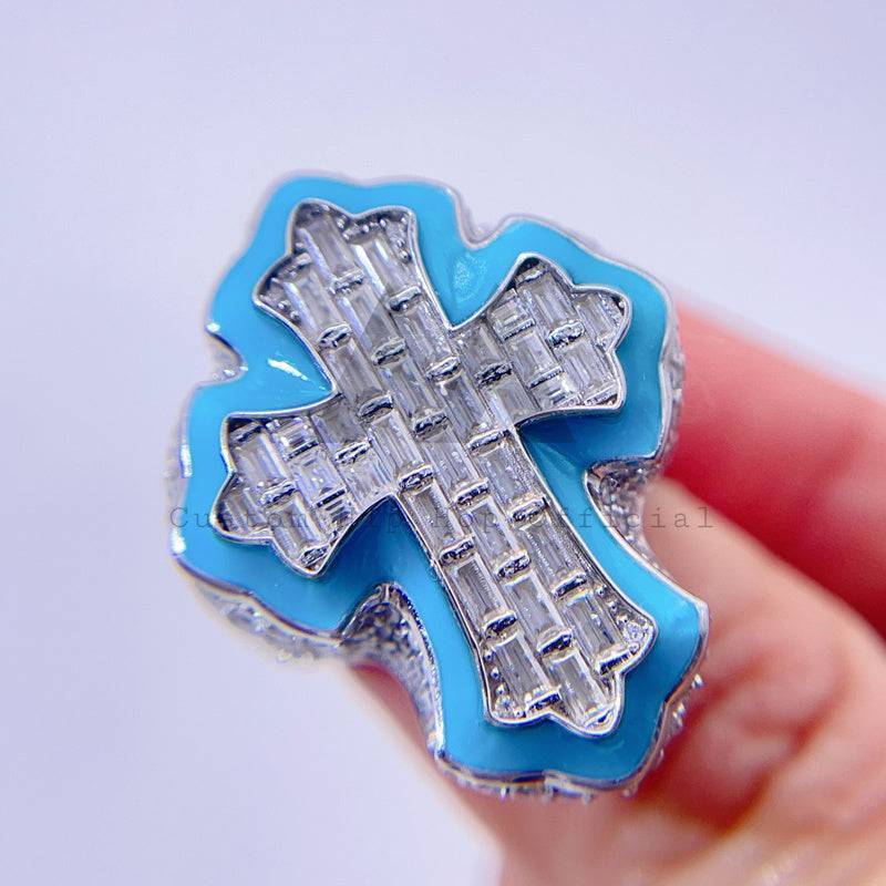 Hip hop jewelry featuring VVS Moissanite Cross Ring with Luminous Blue Enamel Band