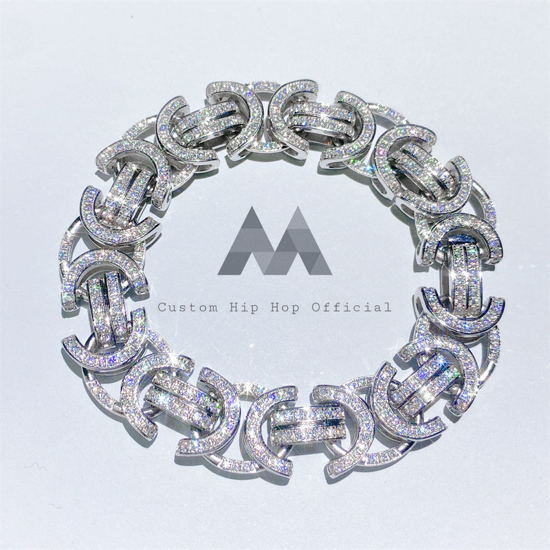 Браслет VVS с муассанитом и бриллиантами, серебро 925 пробы 15 мм с византийскими звеньями и льдом