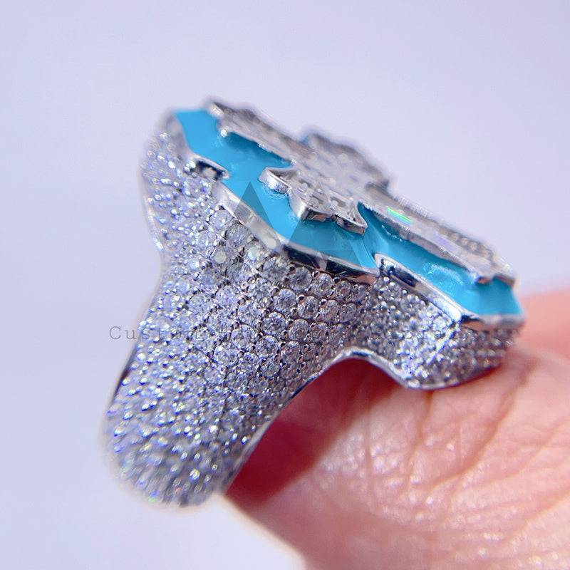 Hip hop jewelry featuring VVS Moissanite Cross Ring with Luminous Blue Enamel Band