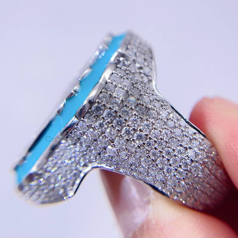 Hip hop jewelry featuring VVS Moissanite Cross Ring with Luminous Blue Enamel Band