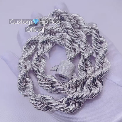 15MM Sterling Silver Rope Chain with VVS Moissanite Diamonds, Iced Out Clasp