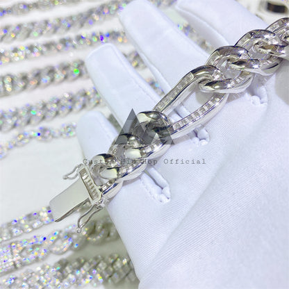 Men Fashion Baguette Cut Iced Out Moissanite Diamond Figaro Link Bracelet Hip Hop