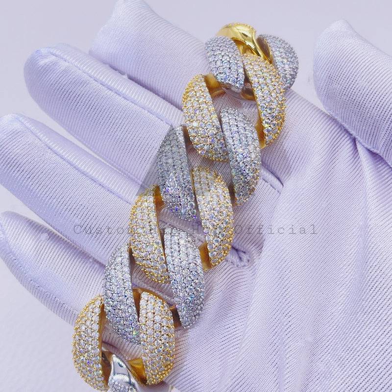 Hip hop jewelry featuring yellow gold two-tone 23mm thick heavy solid Cuban bracelet with VVS Moissanite4