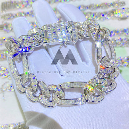 Men Fashion Baguette Cut Iced Out Moissanite Diamond Figaro Link Bracelet Hip Hop