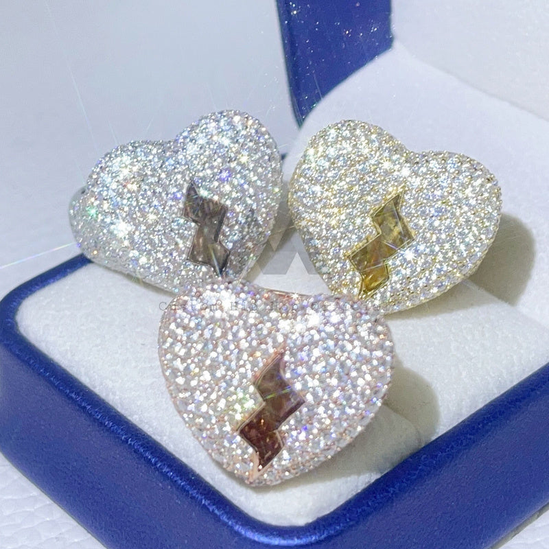 Iced Out Men Fashion Broken Heart Ring Moissanite Diamond Pass Diamond Tester