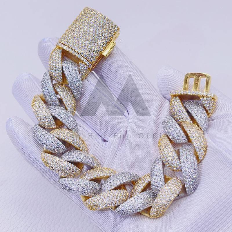 Hip hop jewelry featuring yellow gold two-tone 23mm thick heavy solid Cuban bracelet with VVS Moissanite2