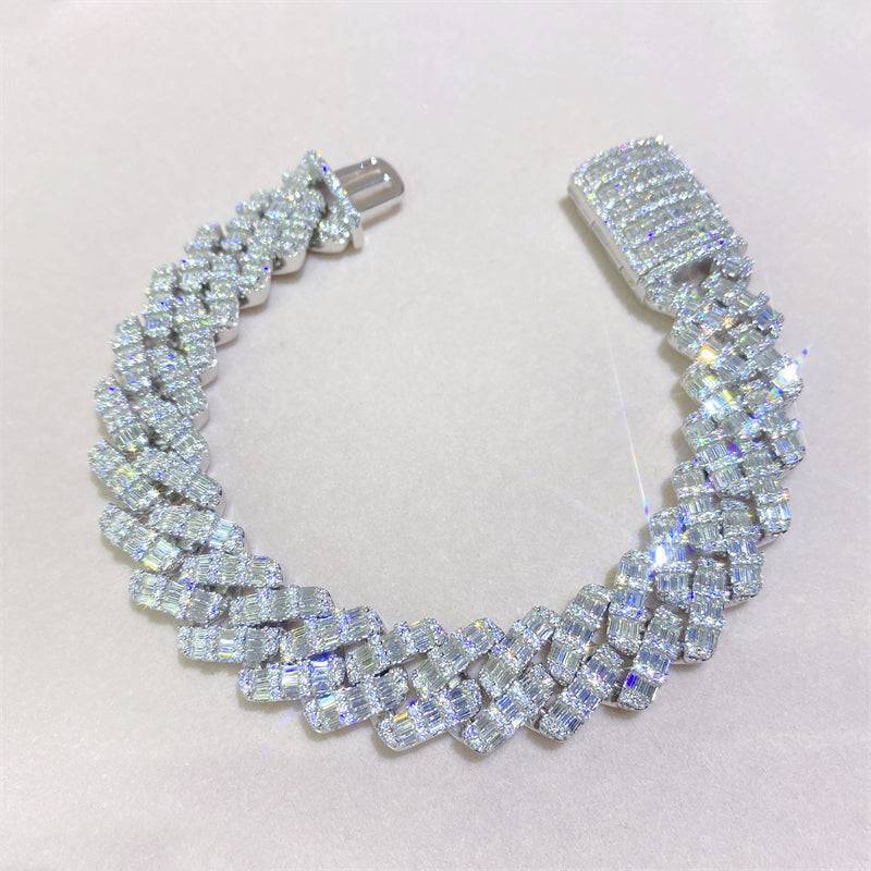 Pulseira de ligação cubana de moissanite com diamante baguete de 15 mm e 2 fileiras congelada