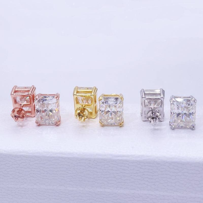 Hip hop jewelry GRA radiant cut yellow gold plated over solid silver screw back moissanite studs0