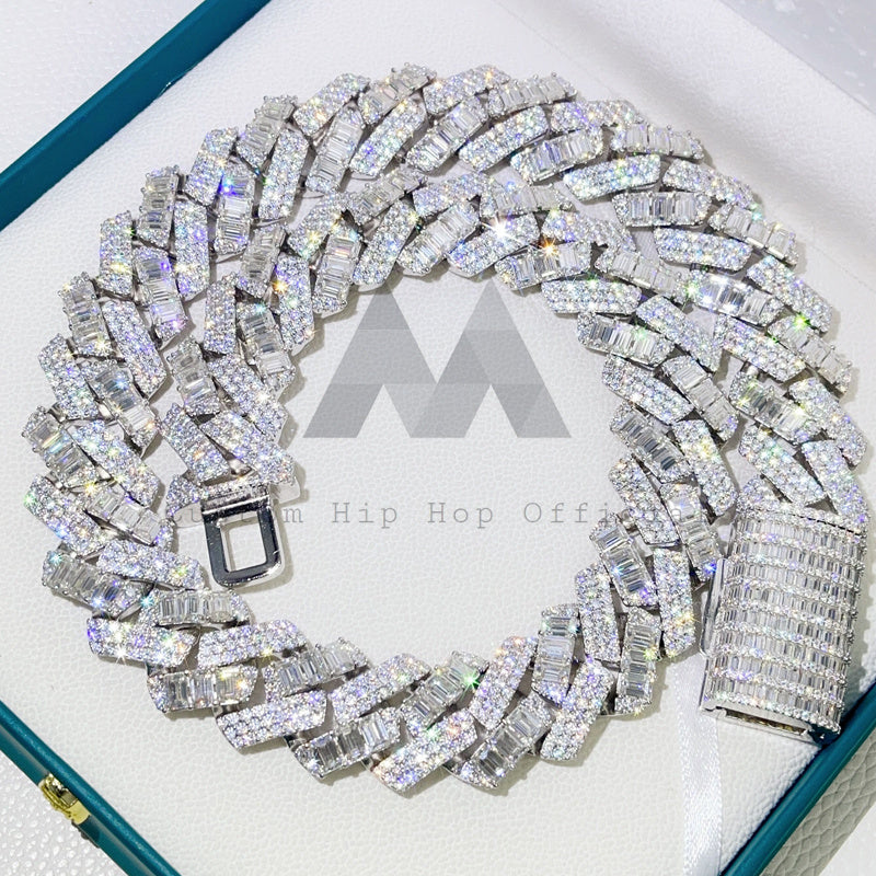 Thick Heavy Solid Silver Moissanite Diamond 22MM Round Mix Baguette Cuban Chain