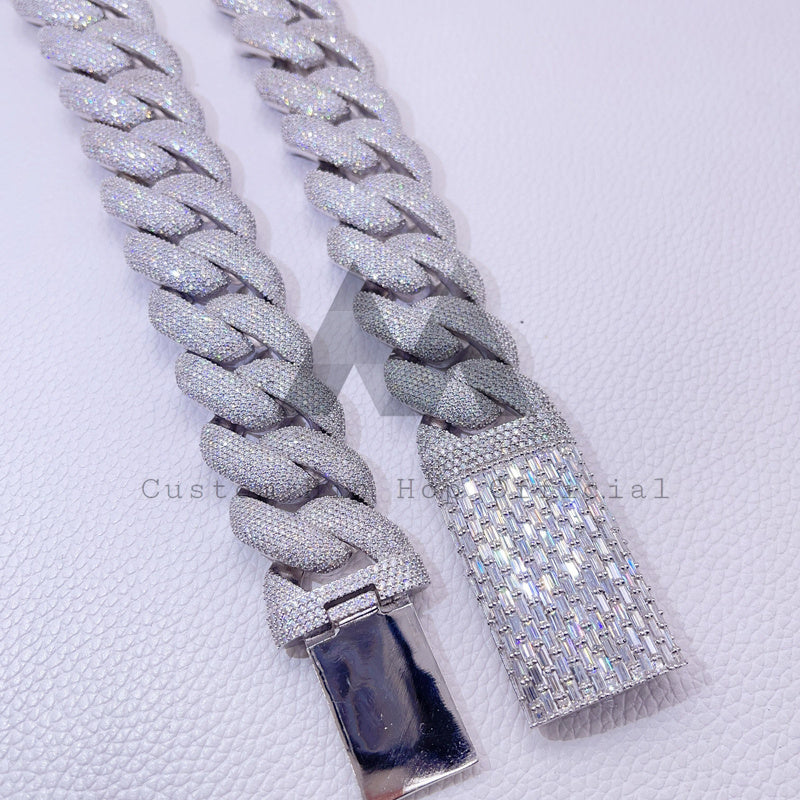 28MM Moissanite Cuban Chain with Baguette Cut Clasp in Solid 925 Silver4