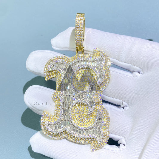 Iced Out Custom Letter E Initial Pendant with Baguette Mix Round VVS Moissanite