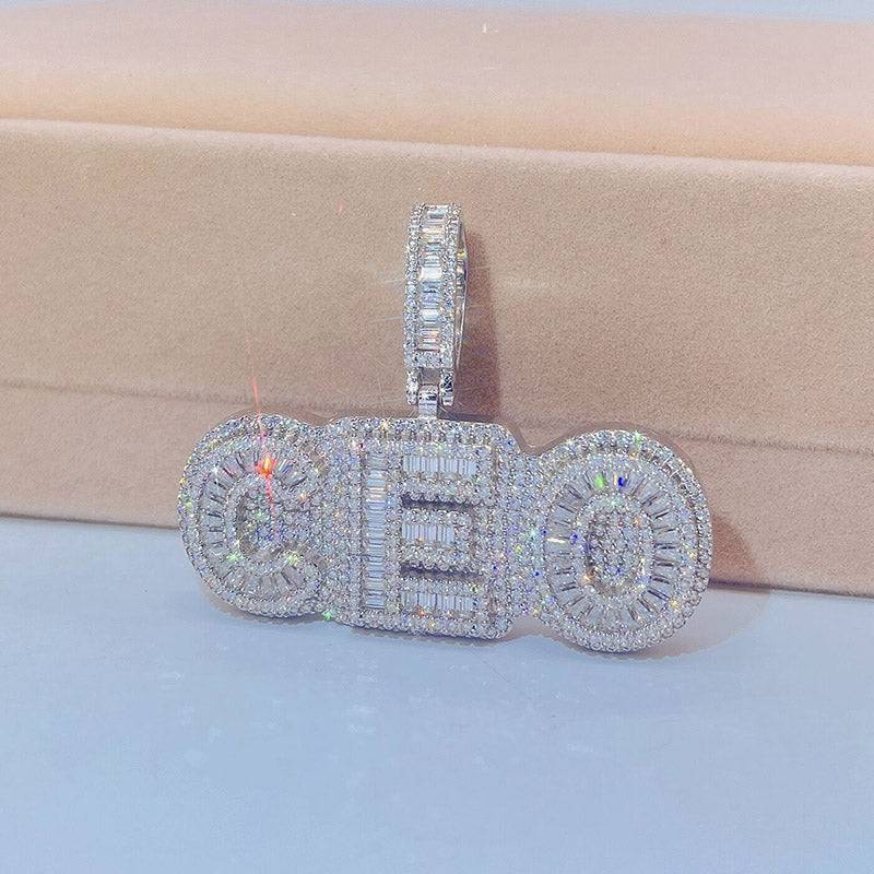 Pingente CEO Moissanite Baguete Hip Hop Prata Chapeamento de Ouro Branco 925