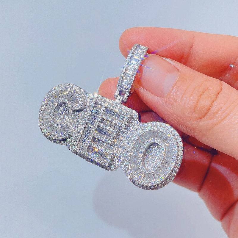 Pingente CEO Moissanite Baguete Hip Hop Prata Chapeamento de Ouro Branco 925