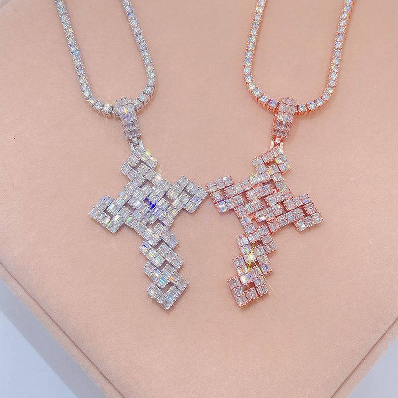 Sterling Silver Baguette Moissanite Cross and Tennis Chain Hip Hop Jewelry