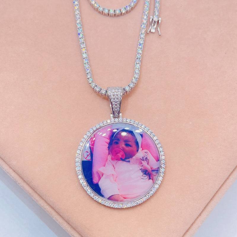 Hip hop jewelry featuring VVS Moissanite encrusted 3MM tennis chain with 45MM silver photo pendant2