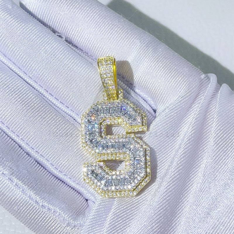 1.5" Yellow Gold 2 Tone Custom Baugette Cut VVS Moissanite Diamond Letter Pendant