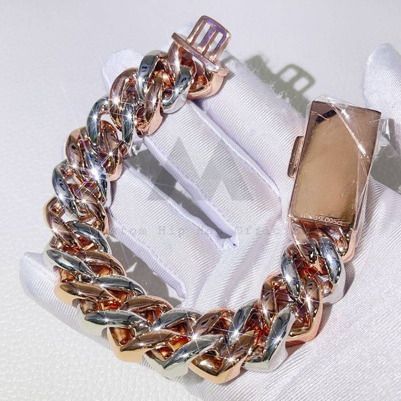 Iced out hip hop jewelry with three rows link rose gold two tone 15mm Cuban bracelet