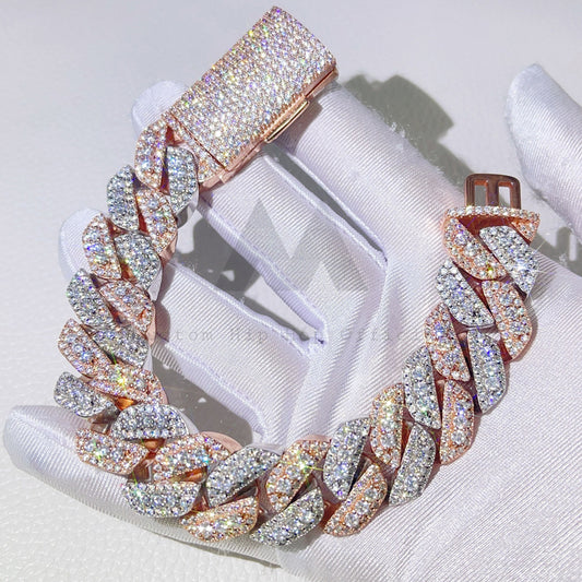 Двухцветный кубинский браслет из трех рядов розового золота диаметром 15 мм в стиле хип-хоп со льдом