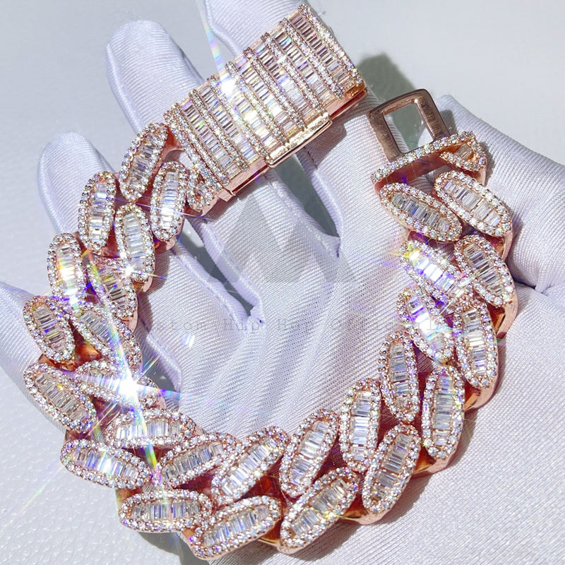 Hip Hop 20MM Baguette Moissanite Cuban Bracelet Solid Silver Pass Diamond Tester