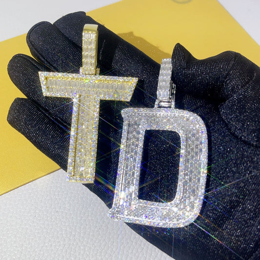 Solid Silver Iced Out Baguette Cut VVS Moissanite Diamond Custom Initial Pendant
