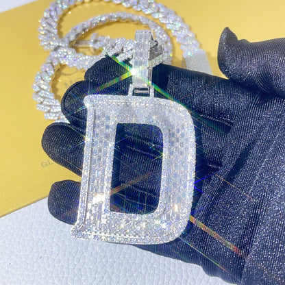 Prata sólida congelada para fora Baguette Cut VVS Moissanite Diamond Pingente Inicial Personalizado