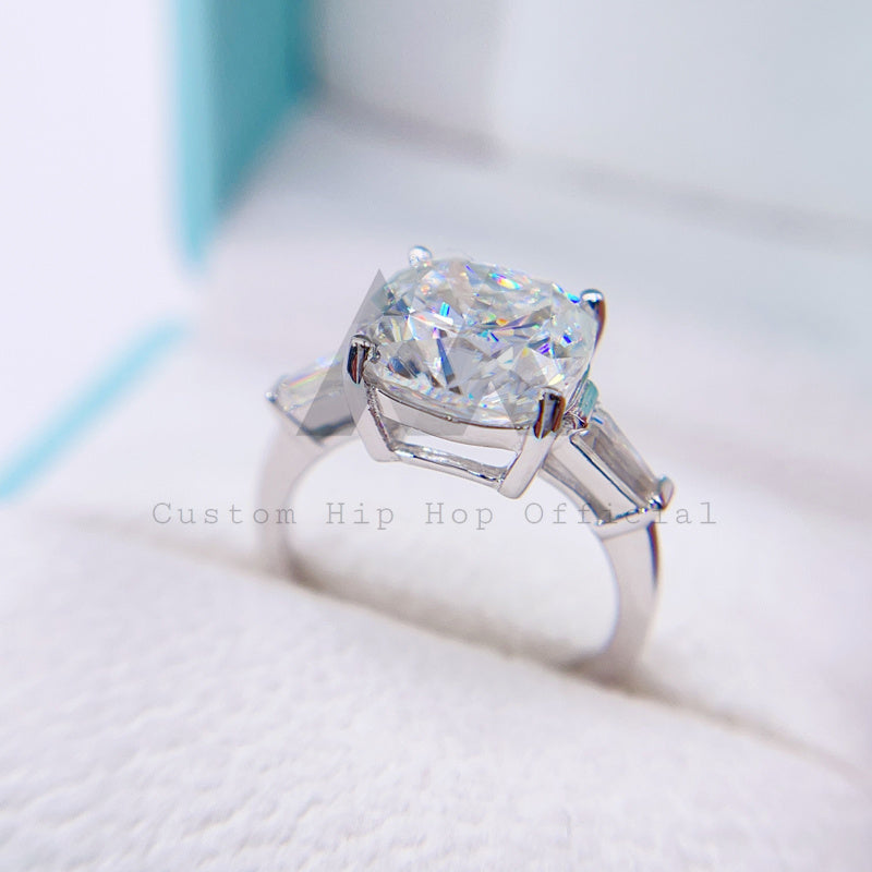 Hip hop jewelry featuring Cushion Cut Three Stone Design 5.0CT Silver Moissanite Wedding Ring3